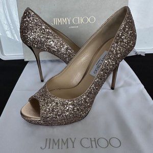 JIMMY CHOO  Luna 100 glittered woven platform pumps  Size: 37  NWT, champage gld